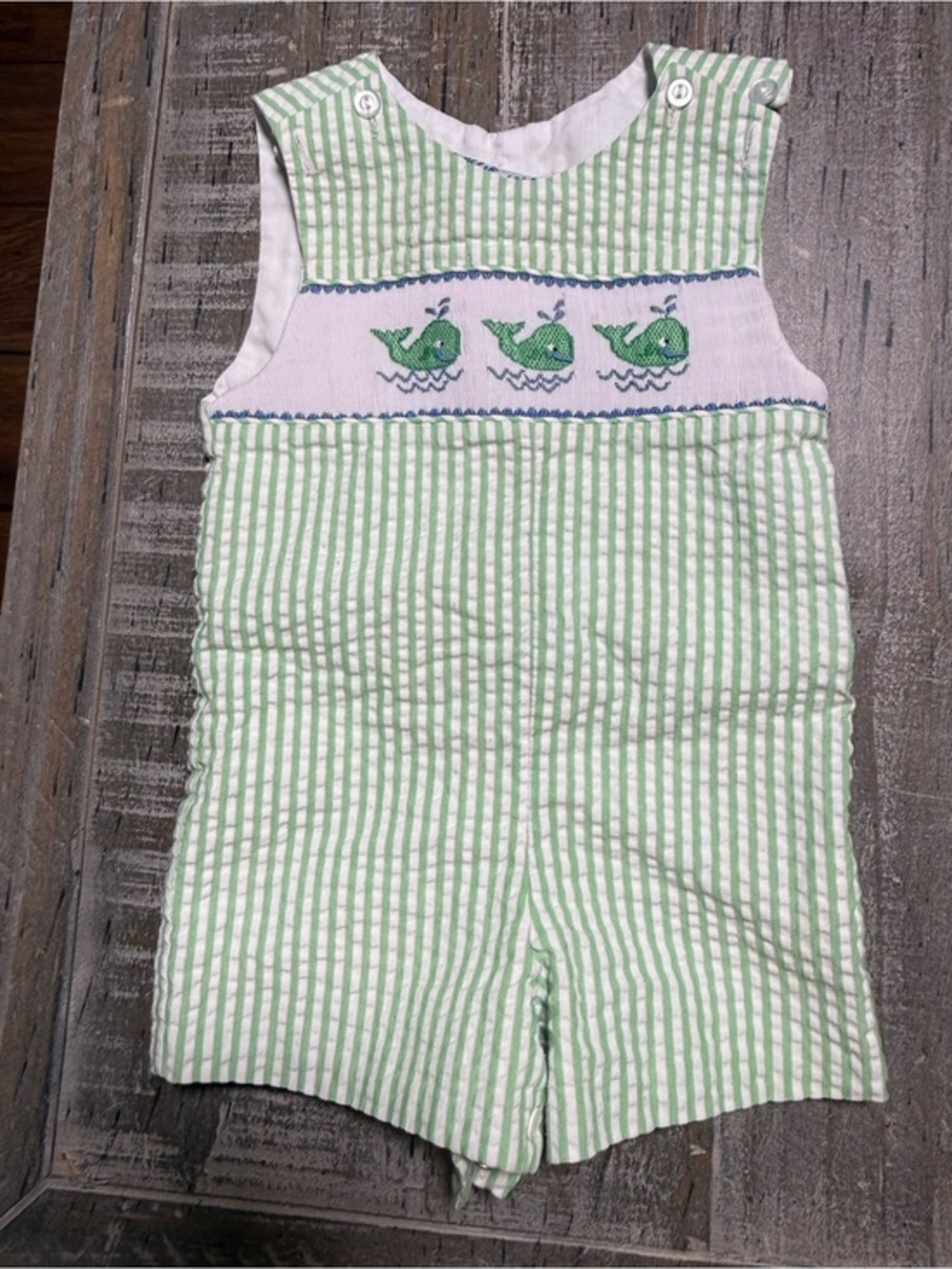 Vintage Kelly's Kids Green Seersucker Smocked Whale Romper 6 Mo Boys